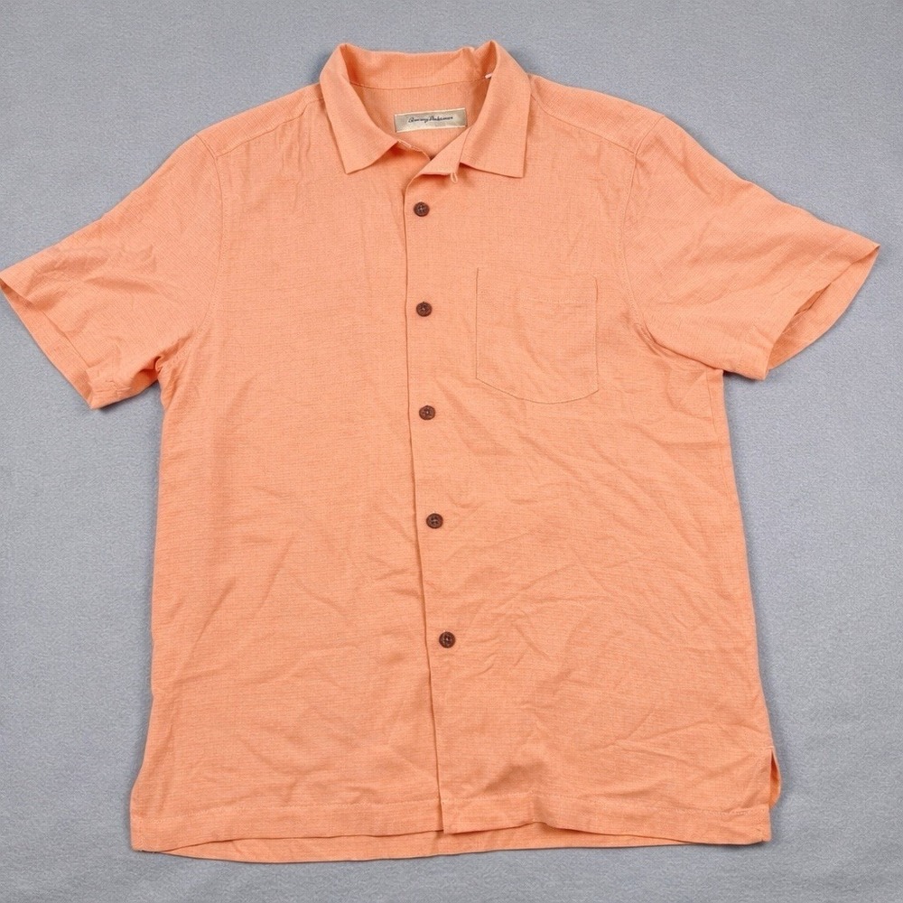 Tommy Bahama Silk Camp Shirt Mens M Hawaiian Pocket Loop Collar Peachy‎ Orange